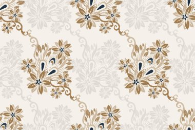 Ikat çiçeksiz desen, Ikat çiçekleri pürüzsüz desen, vektör illüstrasyonu, damaskesiz desen, elle çizilmiş nakış. Doku, kumaş, giysi, desen, iz..