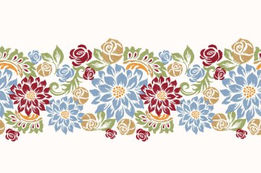 Beyaz arka plana Ikat çiçekli nakış. Geleneksel etnik oryantal desen, Aztek tarzı, soyut arkaplan, vektör çizimi. Doku, kumaş, giysi, sarong, dekorasyon, baskı için tasarım..