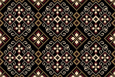 Siyah arkaplan vektörü illüstrasyonunda geometrik desensiz desen. Çiçeksel çapraz dikiş deseni geleneksel. ztec tarzı, soyut arkaplan. Doku, kumaş, giysi, dekorasyon, eşarp, baskı için tasarım