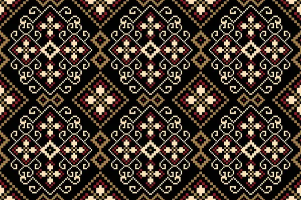 Siyah arkaplan vektörü illüstrasyonunda geometrik desensiz desen. Çiçeksel çapraz dikiş deseni geleneksel. ztec tarzı, soyut arkaplan. Doku, kumaş, giysi, dekorasyon, eşarp, baskı için tasarım