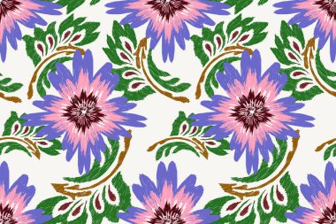 Ikat çiçeksiz desen, Ikat çiçekleri pürüzsüz desen, vektör illüstrasyonu, damaskesiz desen, elle çizilmiş nakış. Doku, kumaş, giysi, desen, iz..