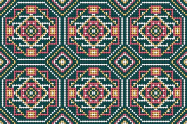 Geometrik etnik, pürüzsüz desen, çiçeklerin pürüzsüz desenli arka plan vektör çizimi. Geometrik, dikdörtgen desenli geleneksel. Öztec tarz, soyut arkaplan. Doku, kumaş, giysi, dekorasyon, atkı, iz için tasarım.