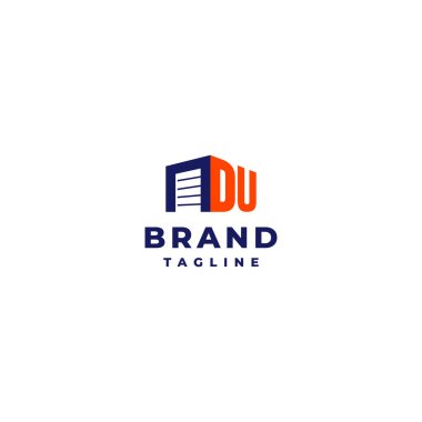 Initials D and U next to the Self Storage Door Icon. Storage Door and Letter DU Logo Design.