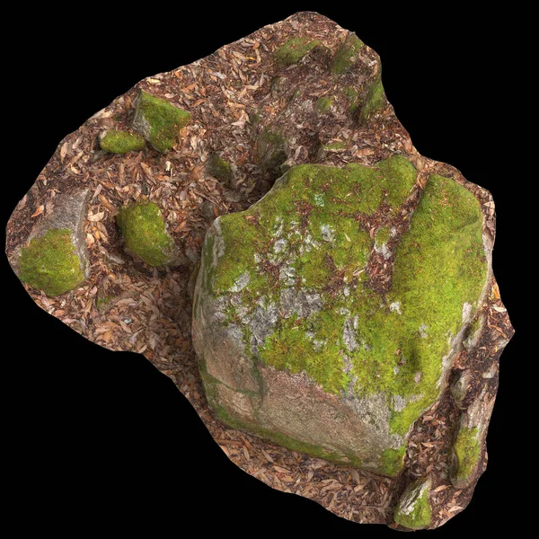 3D图为在黑色背景上隔绝的苔藓覆盖的岩石 — 图库照片