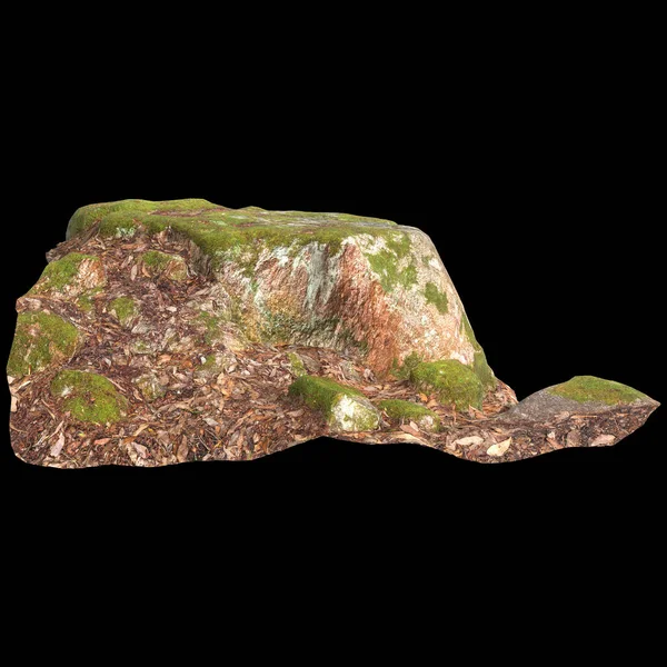 3D图为在黑色背景上隔绝的苔藓覆盖的岩石 — 图库照片