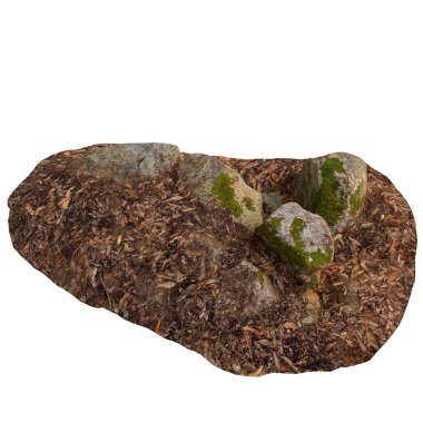 Beyaz arka planda kuru yaprakların üzerine kurulmuş 3 boyutlu yosun kaplı kayalar.