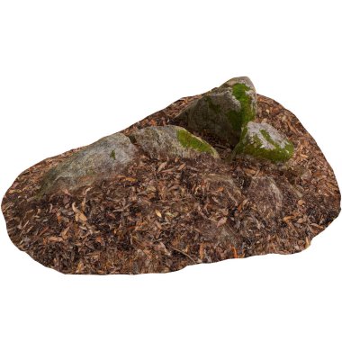 Beyaz arka planda kuru yaprakların üzerine kurulmuş 3 boyutlu yosun kaplı kayalar.