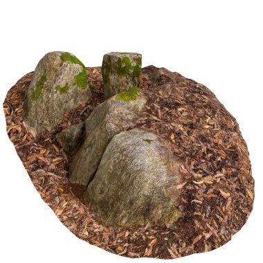 Beyaz arka planda kuru yaprakların üzerine kurulmuş 3 boyutlu yosun kaplı kayalar.