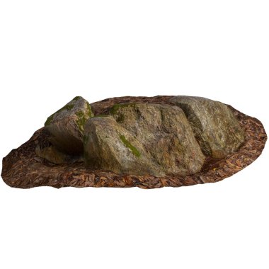 Beyaz arka planda kuru yaprakların üzerine kurulmuş 3 boyutlu yosun kaplı kayalar.