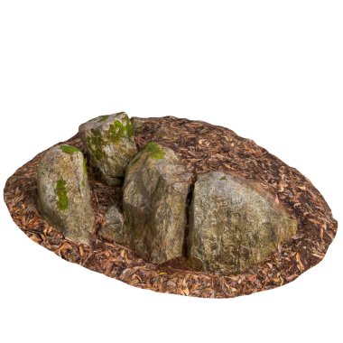 Beyaz arka planda kuru yaprakların üzerine kurulmuş 3 boyutlu yosun kaplı kayalar.