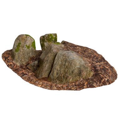 Beyaz arka planda kuru yaprakların üzerine kurulmuş 3 boyutlu yosun kaplı kayalar.