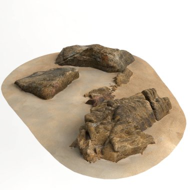 Kum rafındaki kayaların beyaz arka planda izole edilmiş 3D çizimi