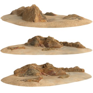 Kum rafındaki kayaların beyaz arka planda izole edilmiş 3D çizimi