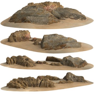 Kum rafındaki kayaların beyaz arka planda izole edilmiş 3D çizimi