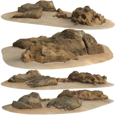 Kum rafındaki kayaların beyaz arka planda izole edilmiş 3D çizimi