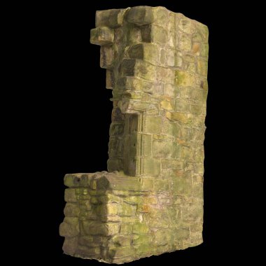 Siyah arkaplanda izole edilmiş eski harabelerin 3d çizimi