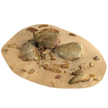 Kum rafındaki kayaların siyah arka planda izole edilmiş 3D çizimi
