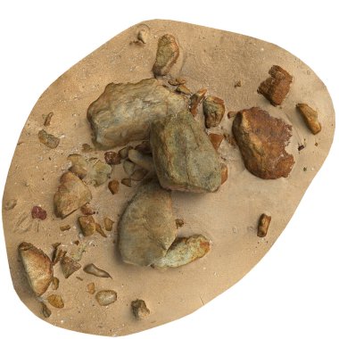 Kum rafındaki kayaların siyah arka planda izole edilmiş 3D çizimi