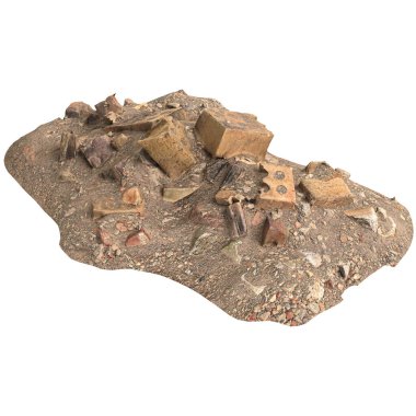 Beyaz arkaplanda izole edilmiş eski molozların 3D çizimi