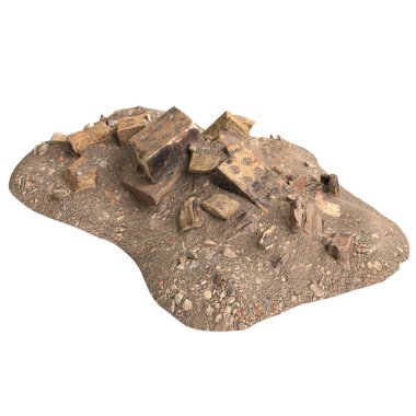 Beyaz arkaplanda izole edilmiş eski molozların 3D çizimi