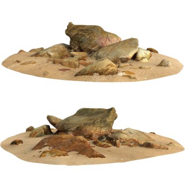 Kum rafındaki kayaların siyah arka planda izole edilmiş 3D çizimi