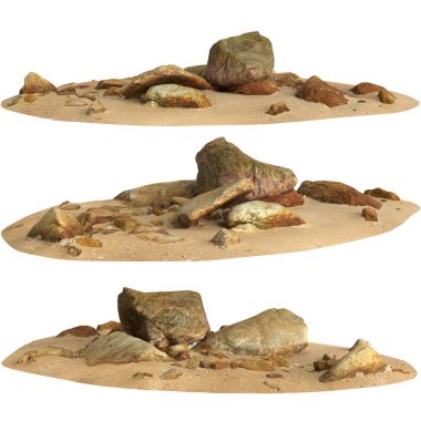 Kum rafındaki kayaların siyah arka planda izole edilmiş 3D çizimi
