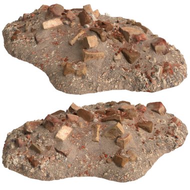 Beyaz arkaplanda izole edilmiş eski molozların 3D çizimi