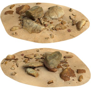 Kum rafındaki kayaların siyah arka planda izole edilmiş 3D çizimi