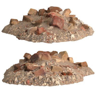 Beyaz arkaplanda izole edilmiş eski molozların 3D çizimi