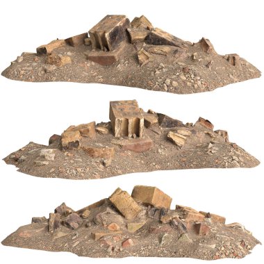 Beyaz arkaplanda izole edilmiş eski molozların 3D çizimi