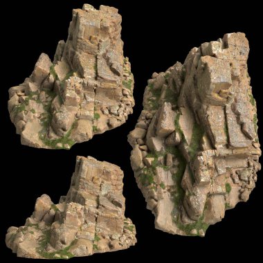 Siyah arka planda yosun kaplı kayaların yosun rafına yerleştirilmiş 3D çizimi