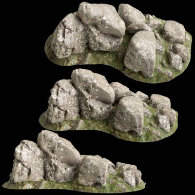 Siyah arka planda yosun kaplı kayaların yosun rafına yerleştirilmiş 3D çizimi