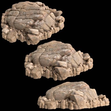 Siyah zemin üzerinde izole edilmiş çakıl rafındaki kayaların 3D çizimi