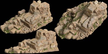 Siyah arka planda yosun kaplı kayaların yosun rafına yerleştirilmiş 3D çizimi