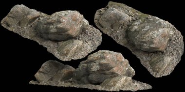 Siyah zemin üzerinde izole edilmiş çakıl rafındaki kayaların 3D çizimi