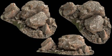 Siyah arka planda yosun kaplı kayaların yosun rafına yerleştirilmiş 3D çizimi