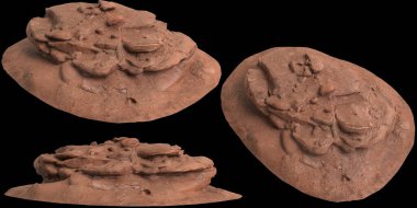 Siyah zemin üzerinde izole edilmiş çakıl rafındaki kayaların 3D çizimi