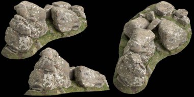 Siyah arka planda yosun kaplı kayaların yosun rafına yerleştirilmiş 3D çizimi