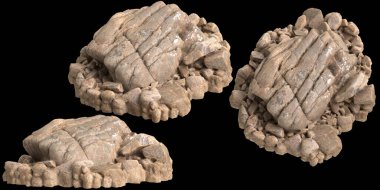 Siyah zemin üzerinde izole edilmiş çakıl rafındaki kayaların 3D çizimi