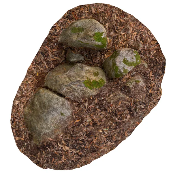 stock image 3d illustration of moss covered rocks, set on dry leaves isolated on white background