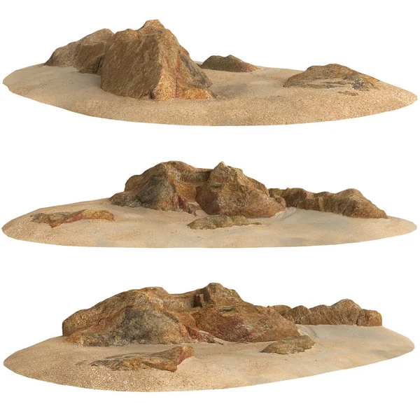 Kum rafındaki kayaların beyaz arka planda izole edilmiş 3D çizimi