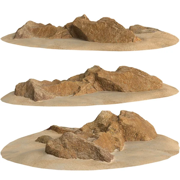 Kum rafındaki kayaların beyaz arka planda izole edilmiş 3D çizimi