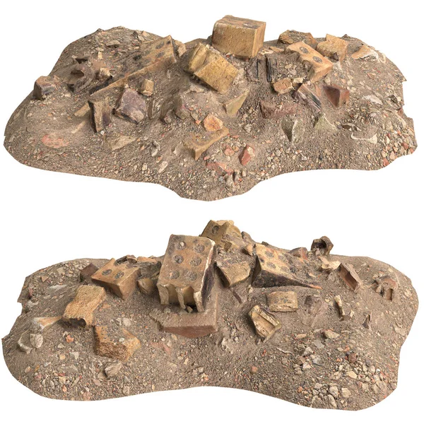 Beyaz arkaplanda izole edilmiş eski molozların 3D çizimi