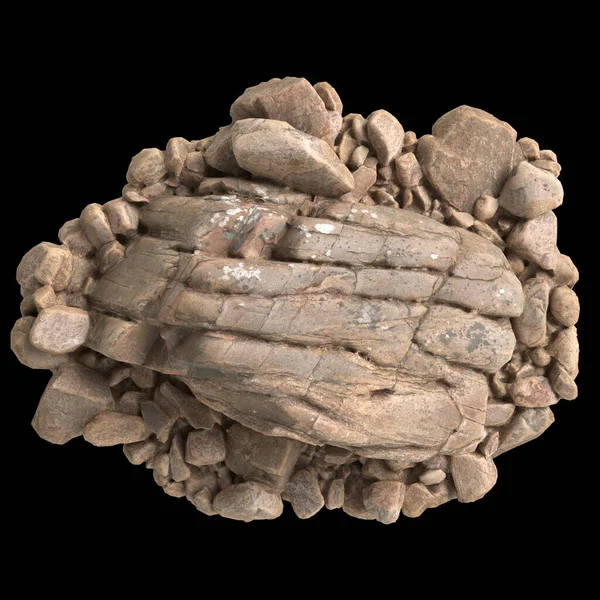 Çakıl taşı rafındaki kayaların 3 boyutlu çizimi siyah arkaplan görünümünde izole edilmiş