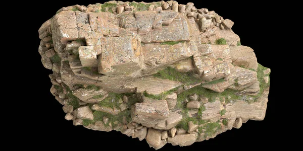 Yosun kaplı kayaların 3D çizimi, siyah arkaplan görünümünde yosun rafına yerleştirilmiş.