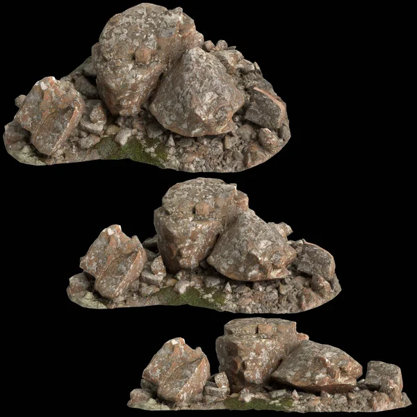 3D图上的苔藓覆盖的岩石 放置在孤立于黑色背景的苔藓架上 — 图库照片