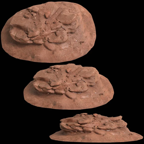 Siyah zemin üzerinde izole edilmiş çakıl rafındaki kayaların 3D çizimi