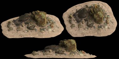 Siyah zemin üzerinde izole edilmiş çakıl rafındaki kayaların 3D çizimi