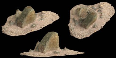 Siyah zemin üzerinde izole edilmiş çakıl rafındaki kayaların 3D çizimi