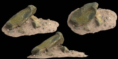 Siyah zemin üzerinde izole edilmiş çakıl rafındaki kayaların 3D çizimi